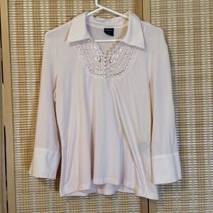 Tribal Womens XL Baby Pink Top Crochet Lace Ribbon 3/4 Sleeves Casual Resortwear